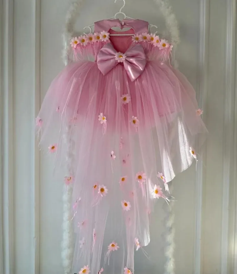 Robes de demoiselle d'honneur, style haut-bas, robe de princesse avec longue traîne, robe de fête d'anniversaire pour enfant, robe bouffante florale en tulle