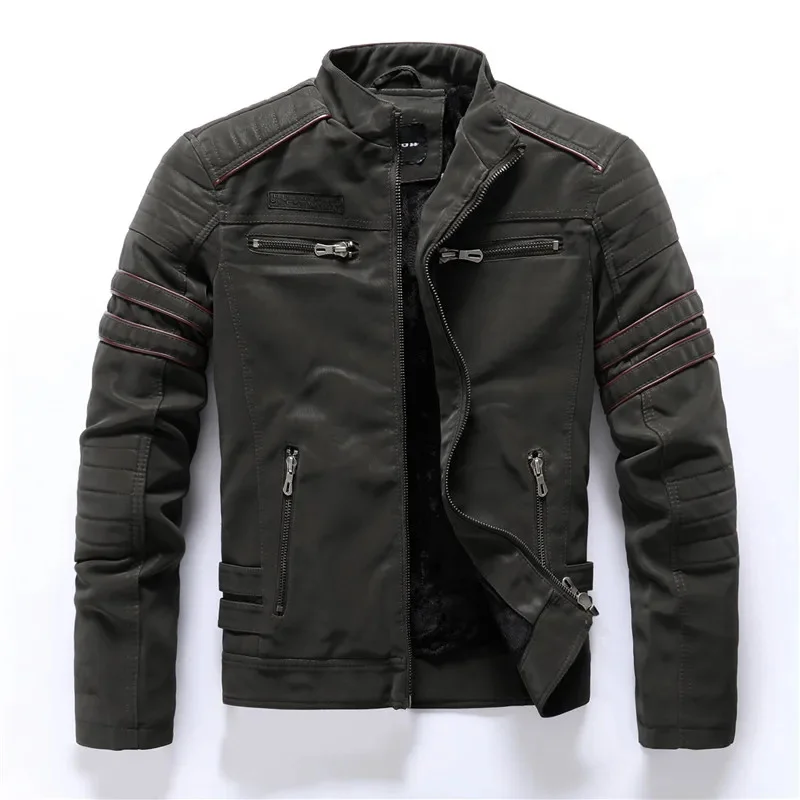 Men 2023 Vintage Fleece Warm Multi-pocket Coat Male Zipper Autumn Outwear Jackets Winter Motorcycle PU Leather Jacket