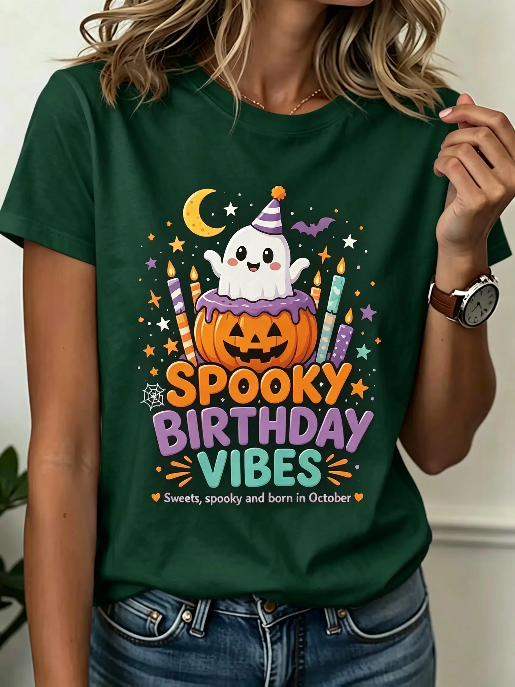 Women Round Neck Short Sleeve Tee Top Halloween Holiday Party Birthday Ghost Pumpkin Candle Print Casual Daily Women's Clothes