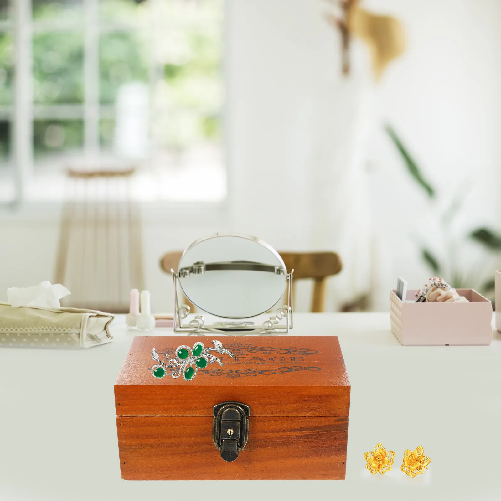 

Винтажная деревянная шкатулка для украшений в стиле ретро с гладкими акцентами из цинкового сплава для серег, колец, ожерелий, брошей