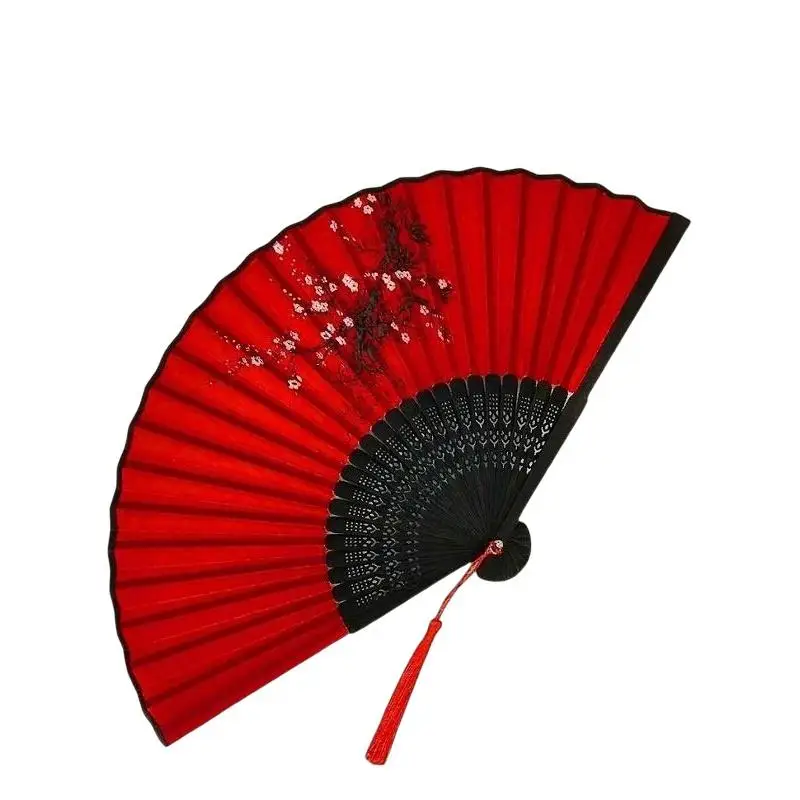 Chinese Red Bamboo Folding Hand Fan Plum Blossom Printed Handheld Fan With Tassel For Party Performance Cosplay Home Wall Decor