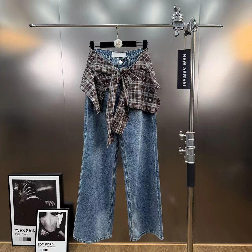

Новые весенние джинсы в клетку с узлом-бабочкой, узкие прямые длинные брюки, дизайн Sense, искусственный стиль из двух предметов, женская мода