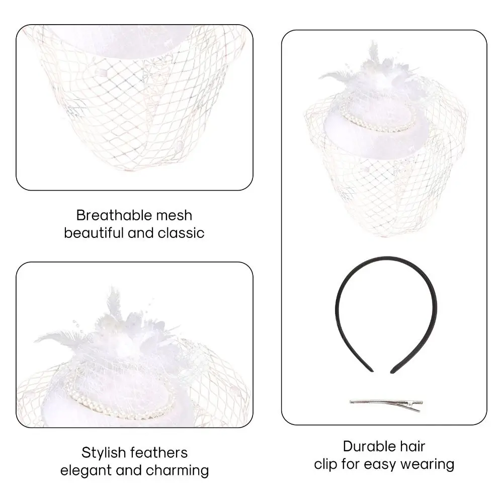 Женская шляпа с вуалью и перьями, погребальные шляпы для женщин, кружевные перчатки, жемчужное ожерелье, головные уборы Дерби для женщин, цвет бежевый, белый головной убор