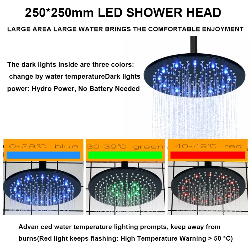Chrome Rain Shower System 3-Function Thermostatic Shower Set Smart LED Color-Changing Shower Faucet Massage Spray Jets