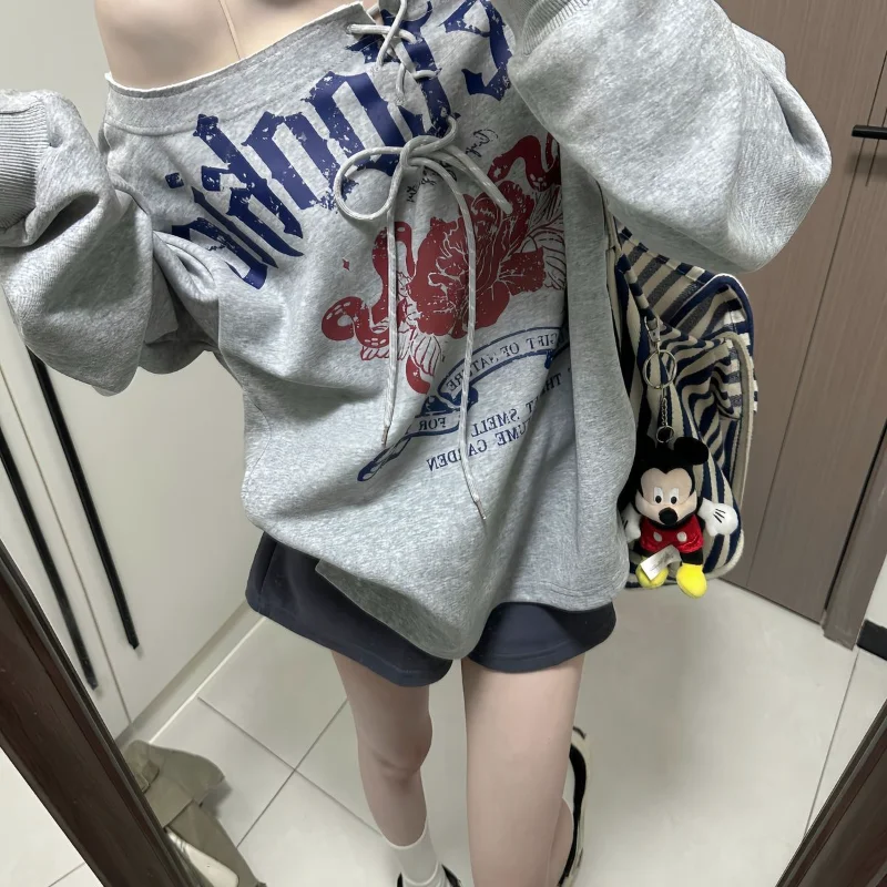 Autumn American Retro Letter Sweatshirts Skew Collar Women's Clothing Printed Stylish Bandage Off Shoulder Casual Loose Hoodies