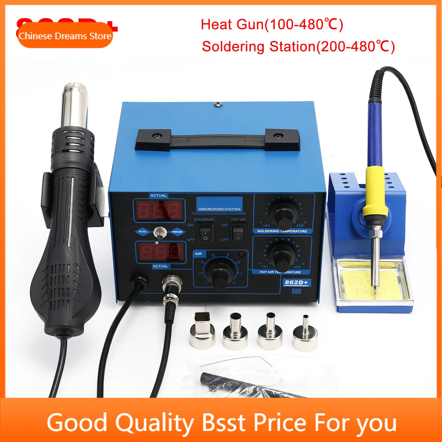 NEW 862D+ 220V 750W Heat Gun Constant Temperature Antistatic Soldering Station Solder Iron Heat Air Gun SMD  Rework Station Tool