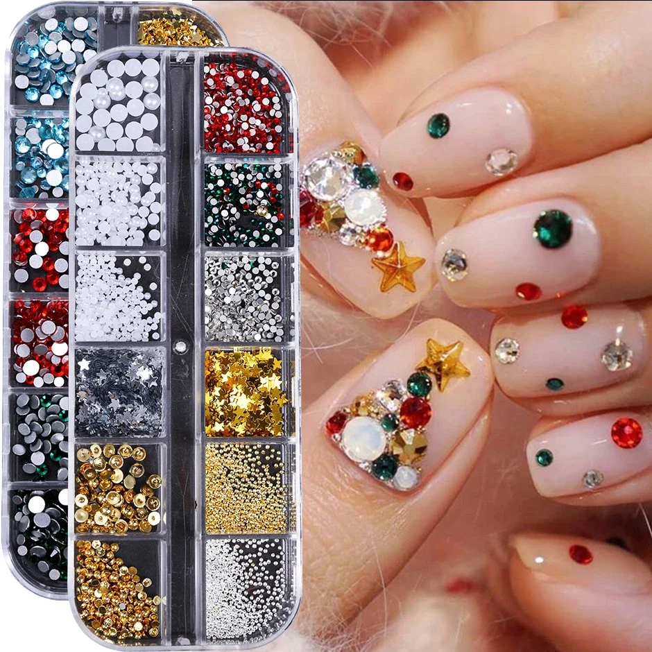

12 Grids Christmas Nail Art Decor Green Red Rhinestones Star Pearl Steel Ball Nail Charms Jewelry DIY Manicure Accessories Tools