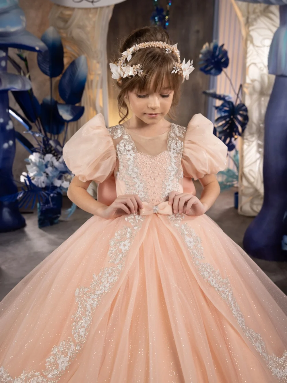 Glitter Beaded Girls Dresses For Birthday Party Gorgeous Romantic Puff Sleeve Kids Princess Gown Wedding Banquet Wear 2-14Y