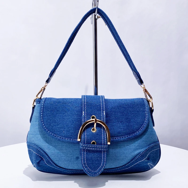 

Denim Splicing Underarm Bags For Women Luxury Designer Handbag Purses 2024 New In Vintage Belt Buckle Simple Commuting Shoulder