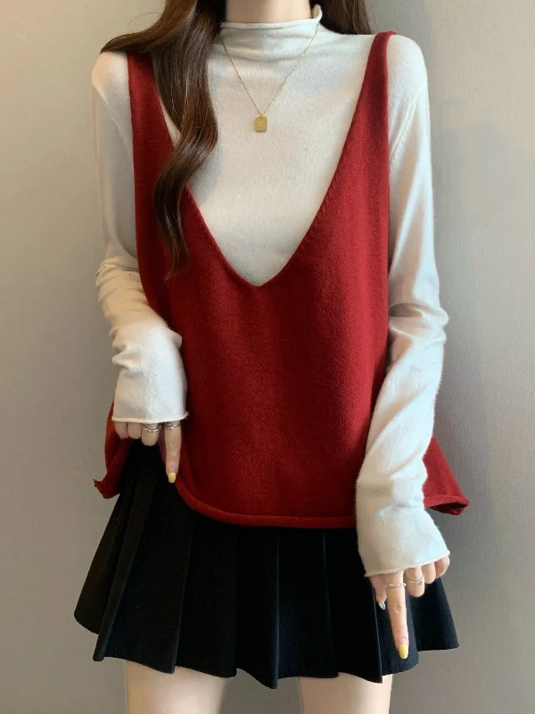 Chaleco de punto rojo V-Ne para mujer, Top holgado con capas de talla grande, ropa de maternidad cómoda e informal para principios de otoño