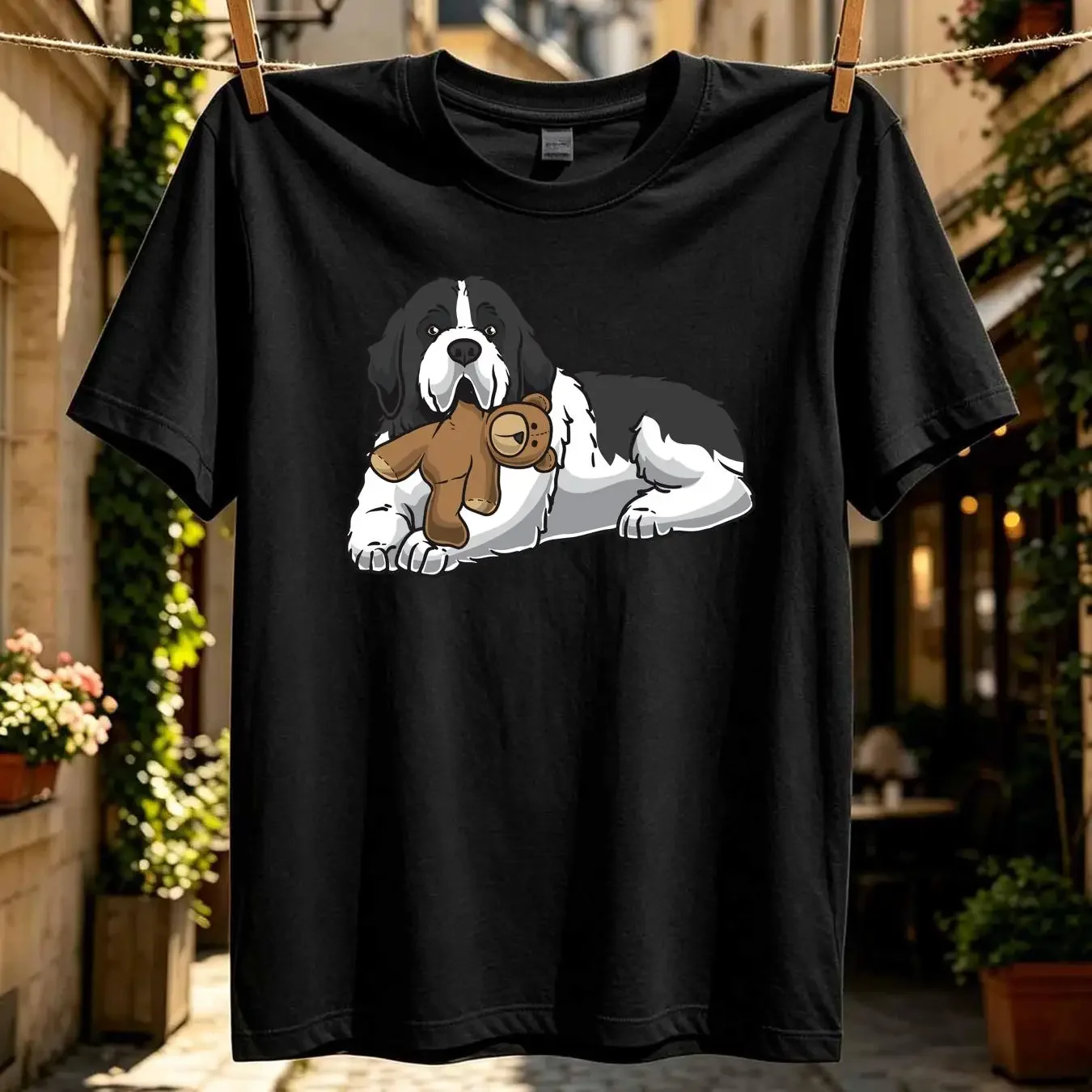 washed T Shirt Landseer Dog With Stuffed Animal And Hearts Drawstring Bags Gym Bag Hot Lightweight vintage Washed fashion