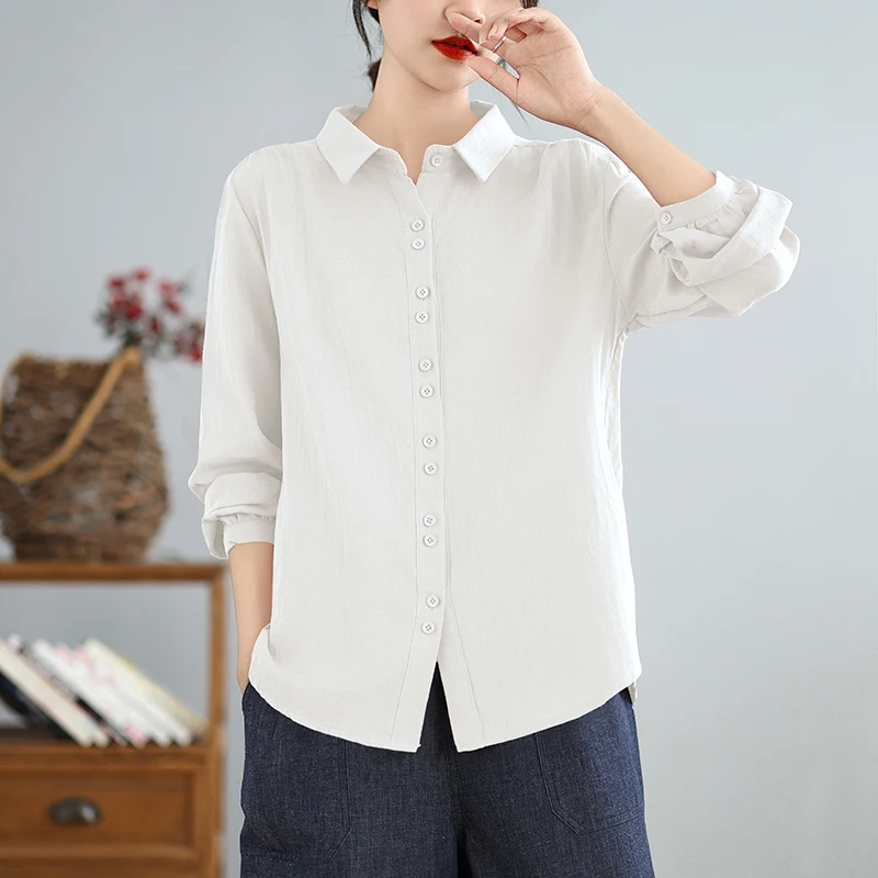 Autunno New Sle Donna Loose Fit Lungo Sve Cotton irt Top dimagrante in filato di cotone artistico vintage a doppio strato