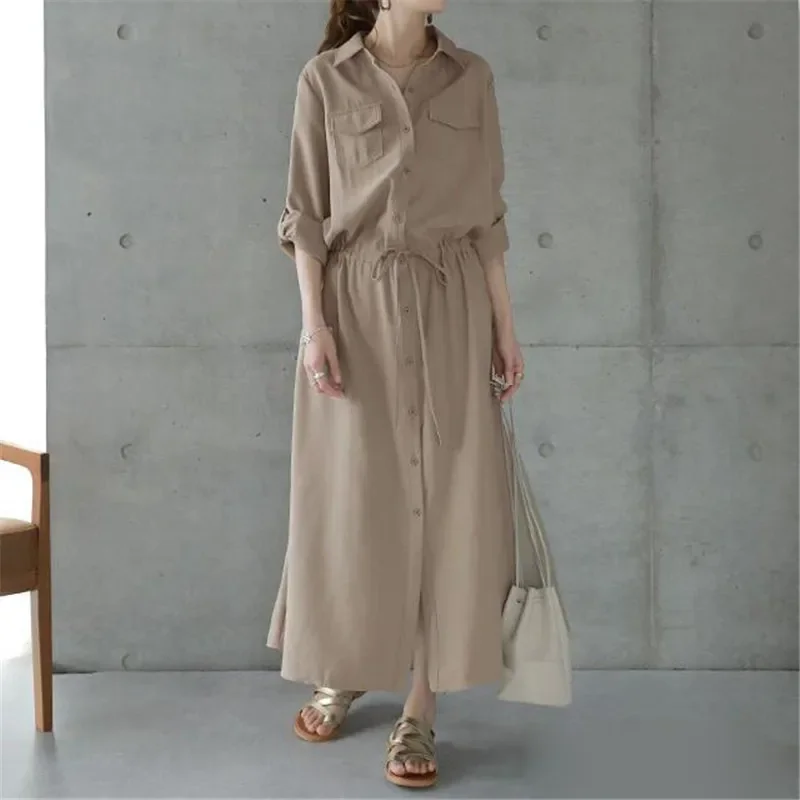 Women Dresses Single Breasted Button Turn Down Collar Long Sleeve Solid Color Loose Fit Casual Office Lady Belt Drawstring