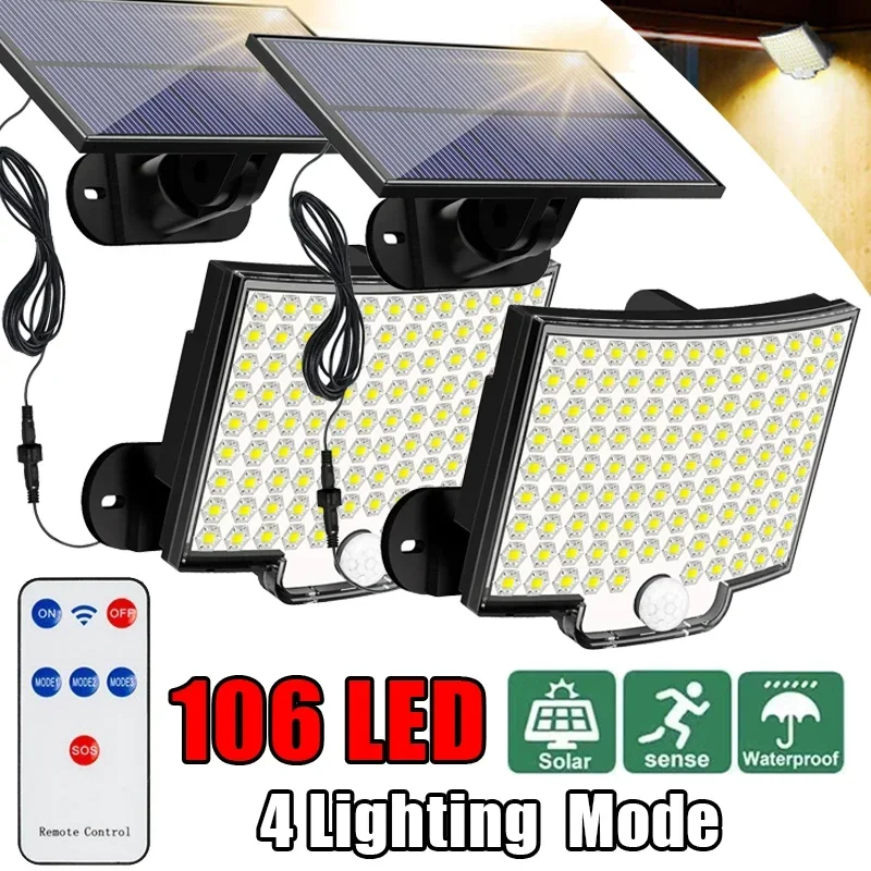 LED Solar Motion Light com painel separado Luzes de inundação ao ar livre Jardim e Garagem Luzes de parede impermeáveis 4 modos de trabalho 106