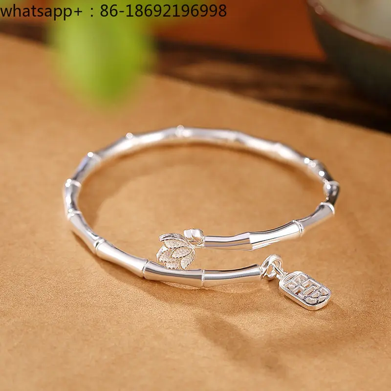Pure Silver 9999 Bamboo Bracelet Lotus Safe Inheritance Non-fading Solid