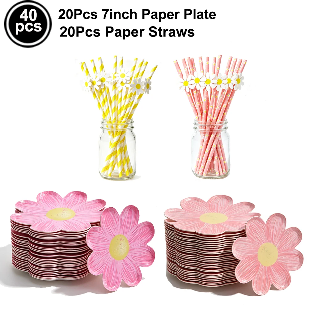 Gänseblümchen-Thema, Einweggeschirr, Blumen-Pappteller, Servietten, Tasse, Gänseblümchen-Blume, Kindergeburtstag, Party, Babyparty, Hochzeitsdekoration – Detail 2