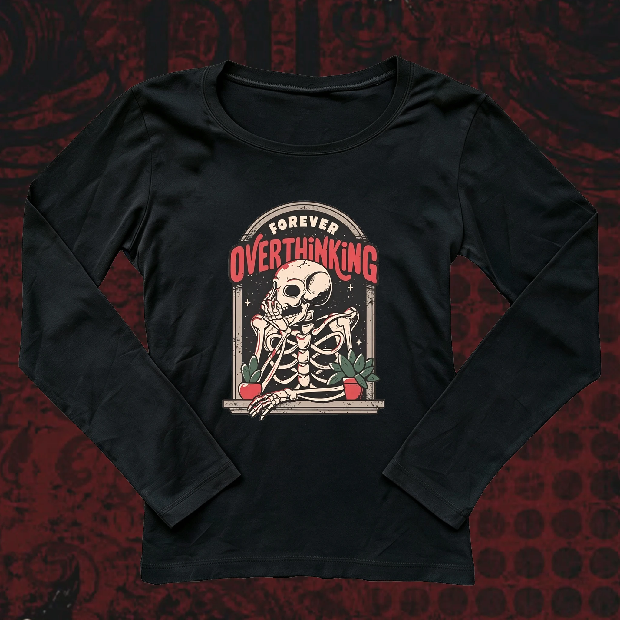 Women Slim Fit Long Sleeve T-shirt Forever Overthinking Skeleton Graphic Print Tee O-neck Retro Goth Aesthetic Casual Streetwear