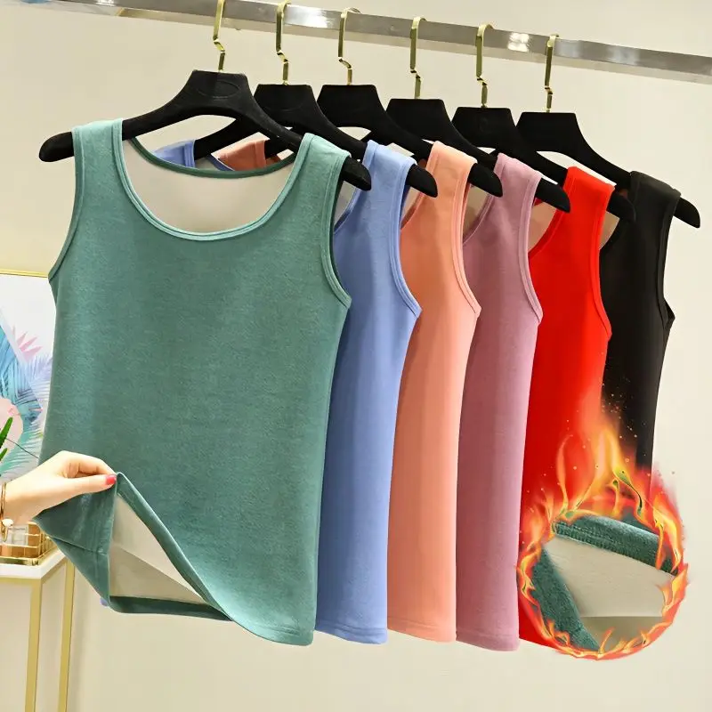 Thermal Underwear Vest Women Winter Sleeveless Elastic Velvet Slim Fitting Camisole Solid Casual Plush Thickened Bottoming Vest