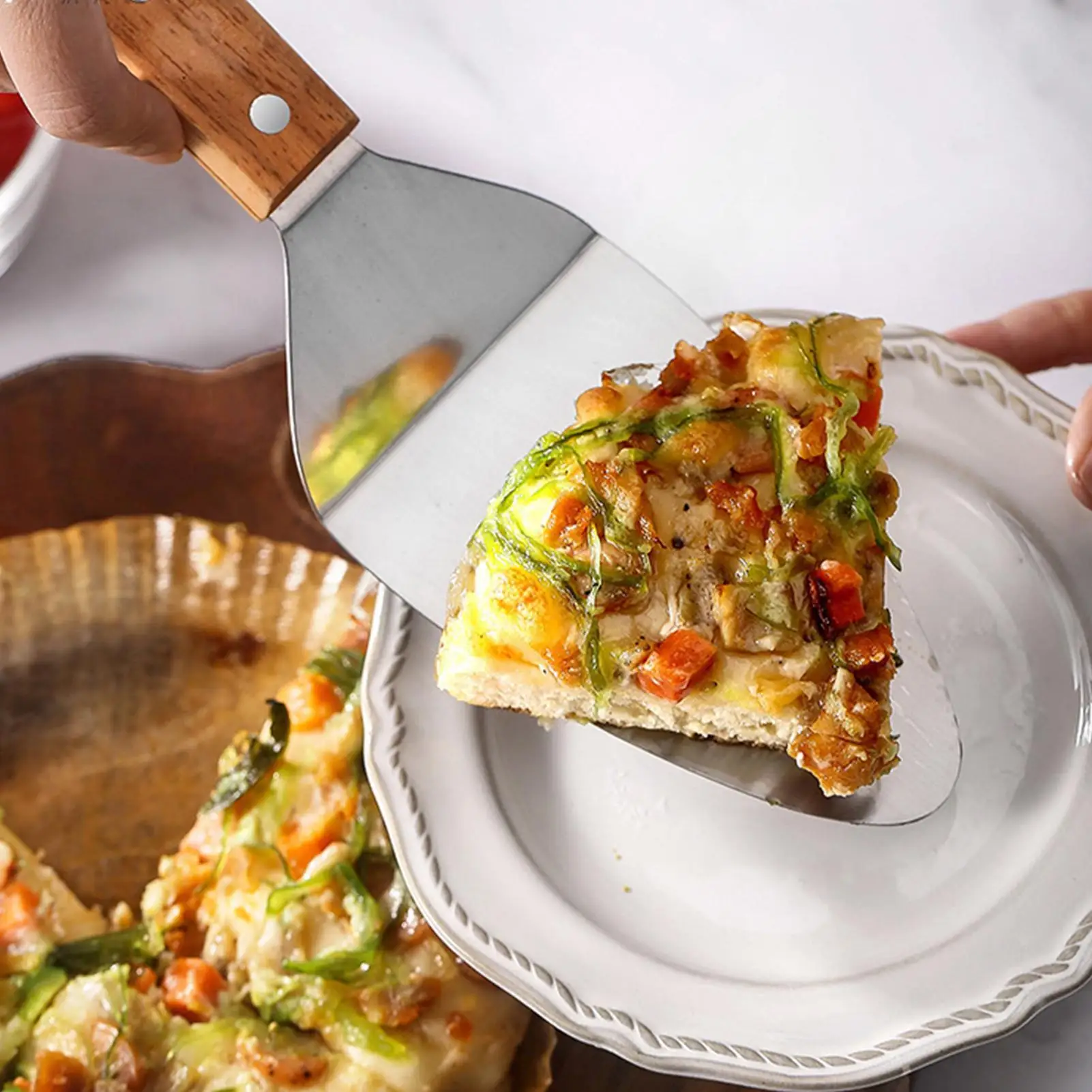 Pizza Server Stainless Steel Triangular Spade with Wooden Handle Cake Serving Utensils Pie Spatula Cutter for Dessert