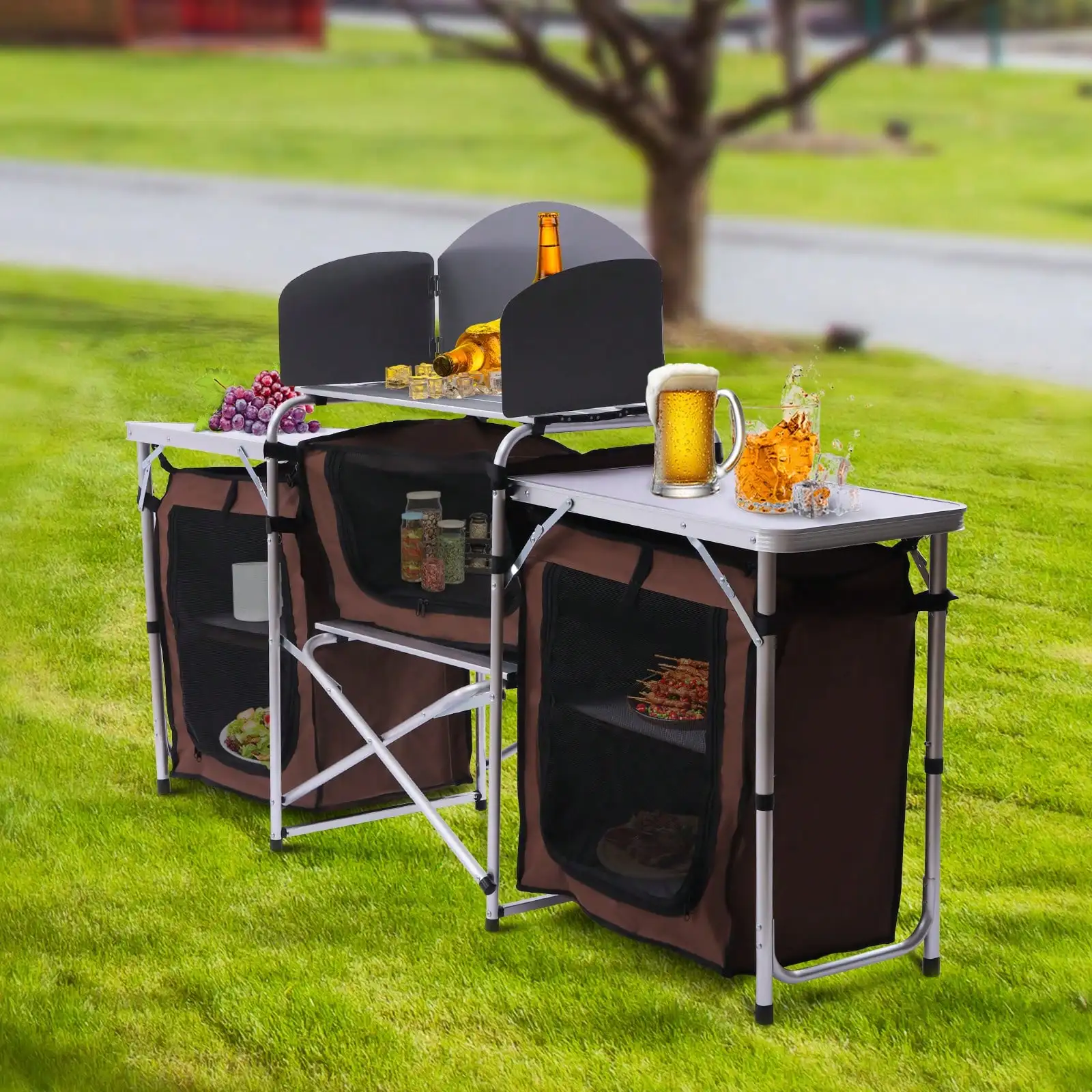 Portable Camping Kitchen Station, Folding Grill Table With 26'' Tabletop, 2 Side Tables, Cook Outdoor Backyard BBQ Picnic Brown