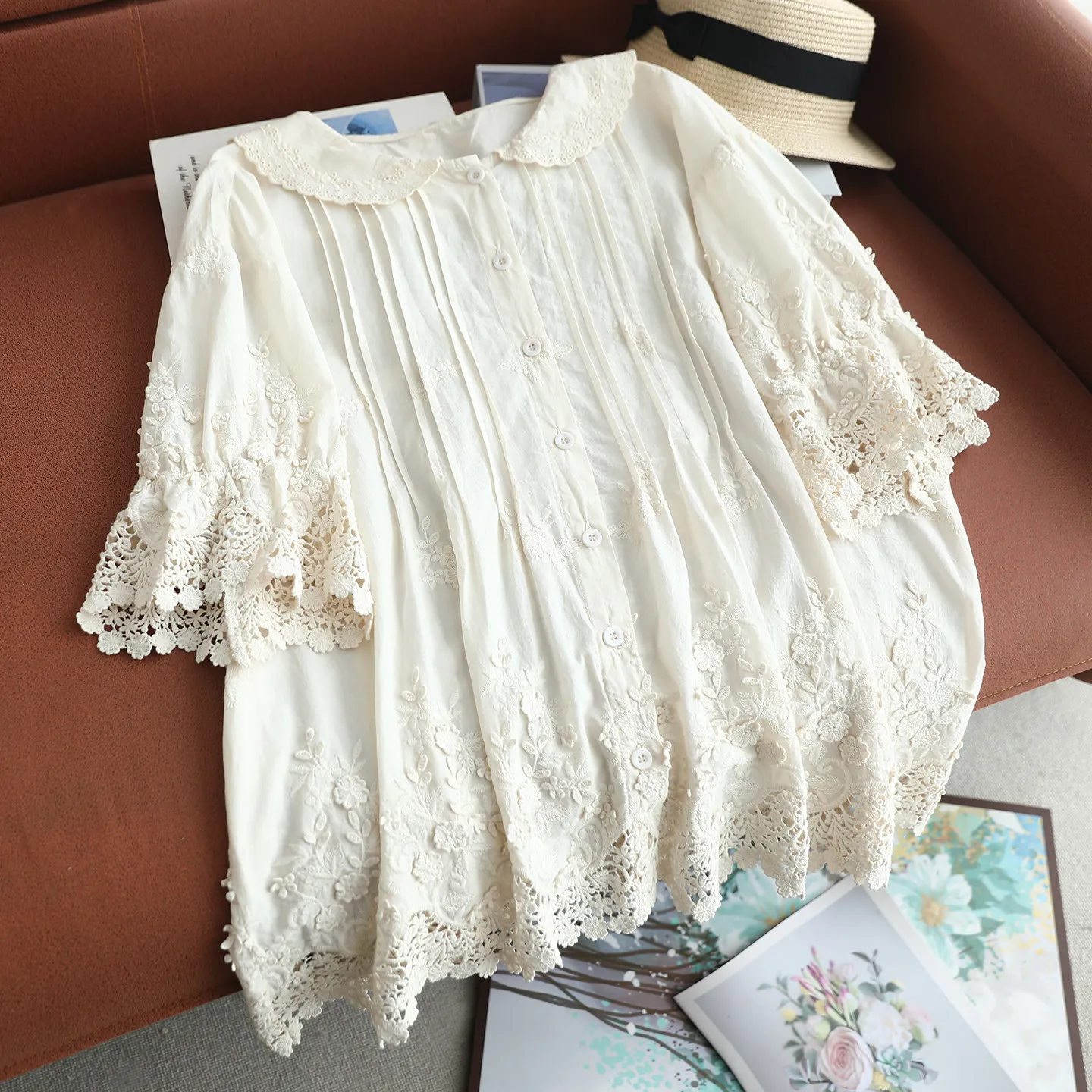 

Japanese Sweet Mori Girl 3D Embroidery Hollow Out Cotton Shirts Women Summer Peter Pan Collar Short Sleeve Casual Loose Blouse