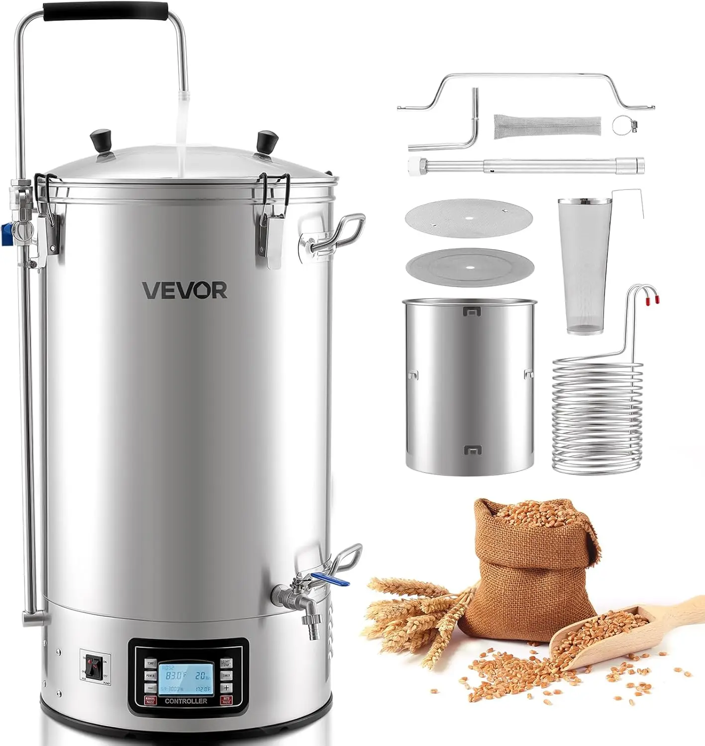 

VEVOR Beer Brewing Equipment, 16 Gal/60L Beer Maker with Anti-Burn Pump and Wort Chiller,3000W All-in-One Home Brewing Kit with