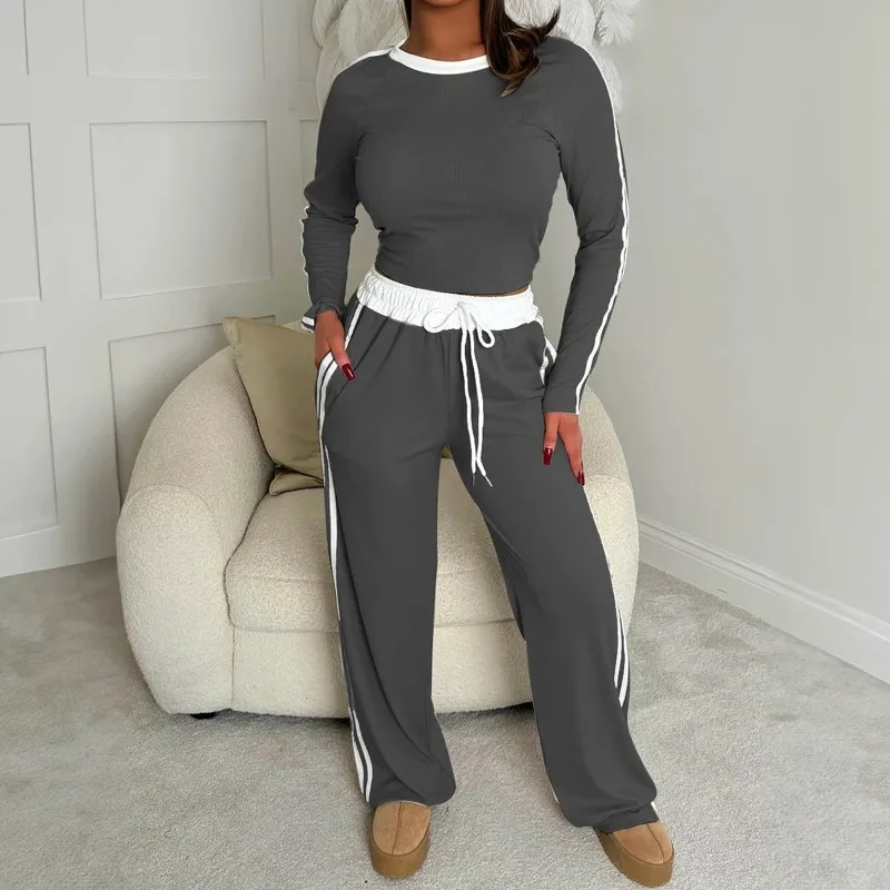 Solid Patchwork Pullover Shirt Trousers Suit Women Fashion O-neck Long Sleeves Pants 2026 Autumn Casual Office New Two Piece Set
