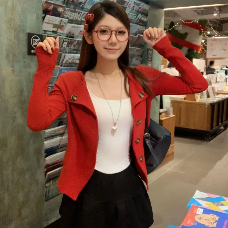 Korean Elegant Big Collar Long Sleeved Button Decoration Cardigan Autumn/winter Fashion Design Sense Waist Cinching Jackets