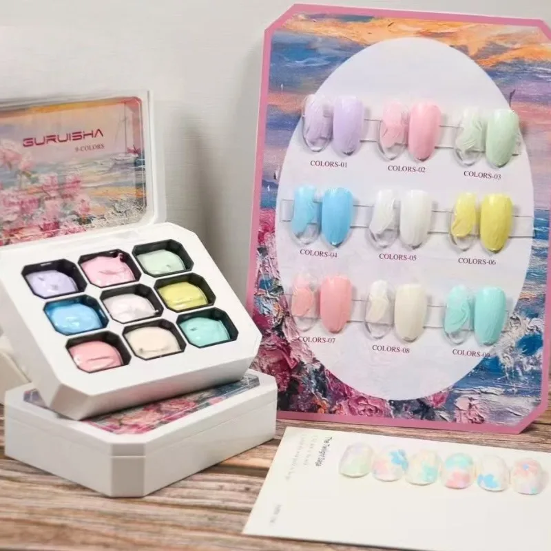 

9 цветов макарон, картина маслом, лак для ногтей, клей, размазывание консервов, высокая насыщенность, популярный полутвердый лак для ногтей-Ma Ka Long