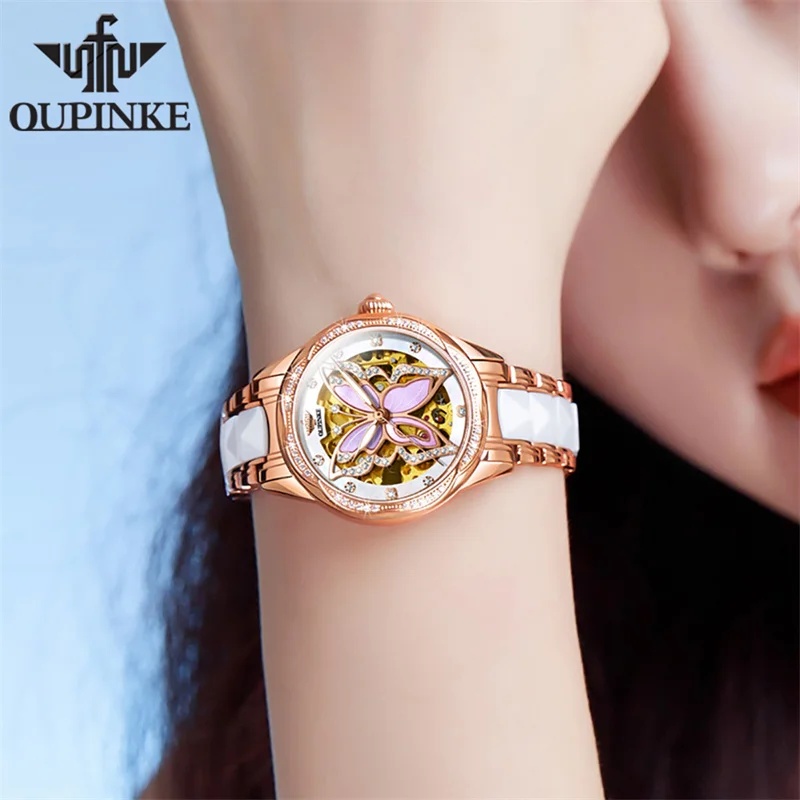 OUPINKE New Fashion Ceramics Womens Watches Luxury Waterproof Dress Wristwatches with Rhinestones Relogio Feminino