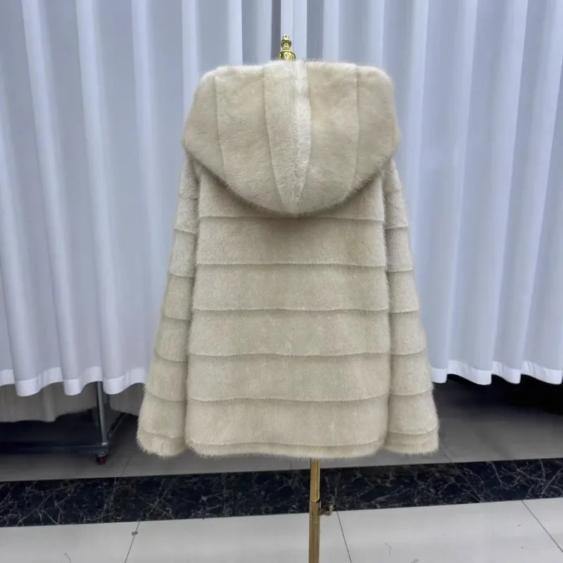 Stand-up Collar Beige Primary Color Imitation Mink Fleece Fur Jacket Women's Short Horizontal Row  Female Mink Fleece Fur Jacket