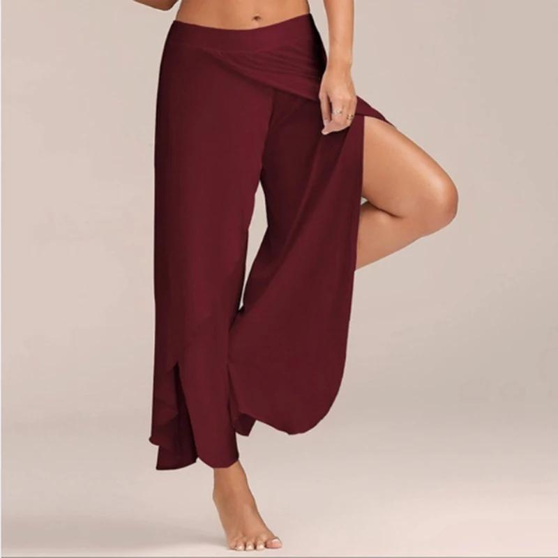 Split Wide Leg Ankle-Length Pant Solid Loose Elastic Waist Open Straight Trouser Holiday Casual Women Clothing Summer Yoga Sport