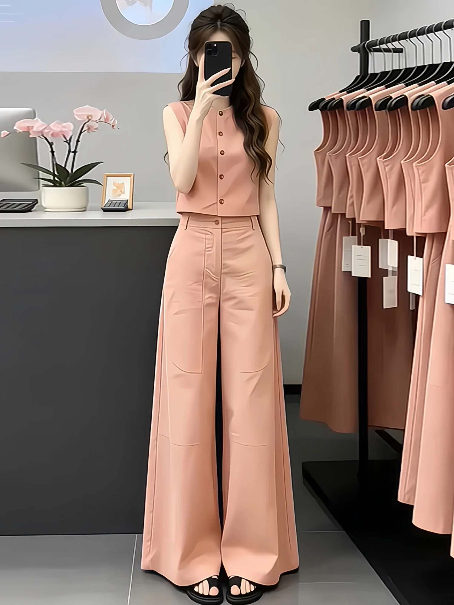 Retro Casual Women's Set Summer 2026 New Single Button Sleeveless Vest Wide Leg Pants Two Piece Set Loose Fit High Waist