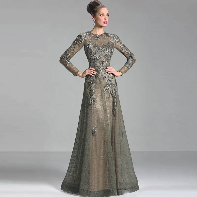 

2021 New On Sale Elegant Brown Appliqued Lace A Line Long Sleeve Mother of the Bride Dresses Jewel Neck Wedding Party Gowns