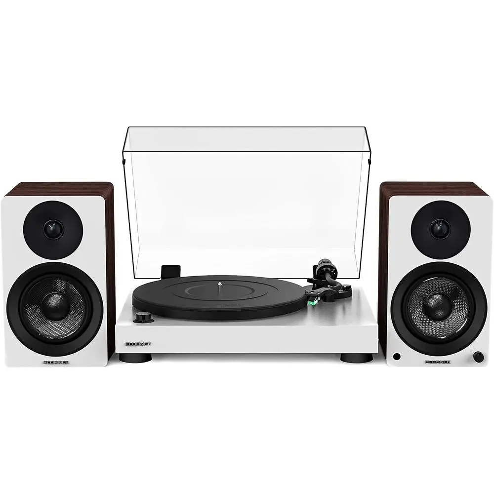 

RT81 Elite High idelity Vinyl Turntable (White) with Ai41 Powered 5" Stereo Bookshel Speakers (White Walnut), Diamond Stylus, Be