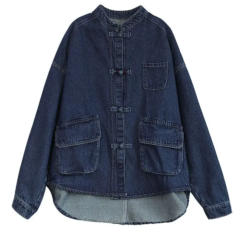 

Denim Jacket Women's Retro Literary Buckle Collar Denim Jacket Women's Spring Loose Casual Dark Blue Jacket 2023 New Trend