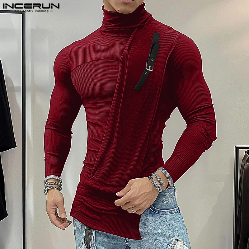 INCERUN Tops 2024 Fashion Men's Leather Buckle Texture Knitted Sweater Casual Sexy Tight Fitting High Neck Long Sleeved Pullover