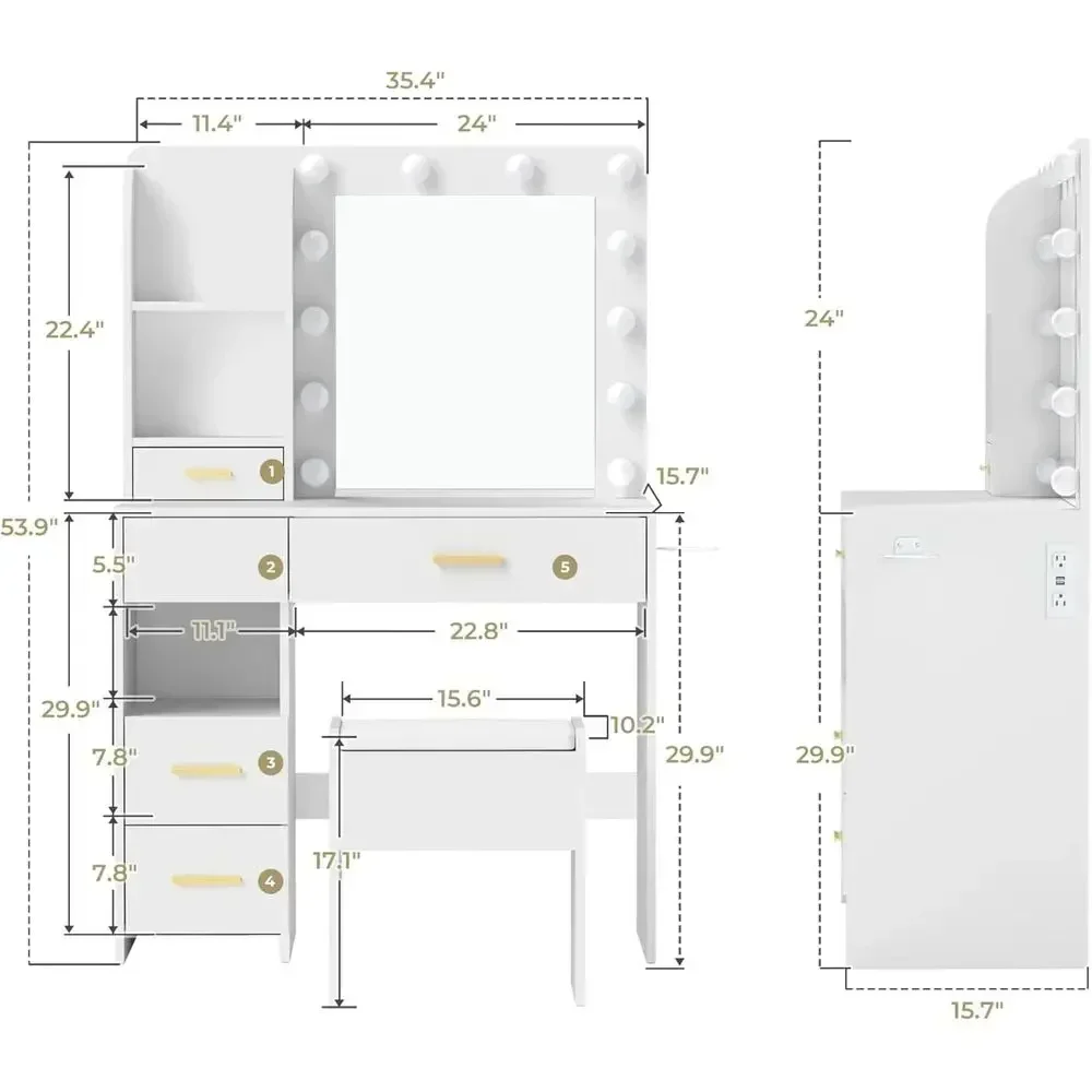 White 3-Tier LED Lighted Makeup Vanity Desk with Mirror, 5 Drawers, 3 Shelves & Stool