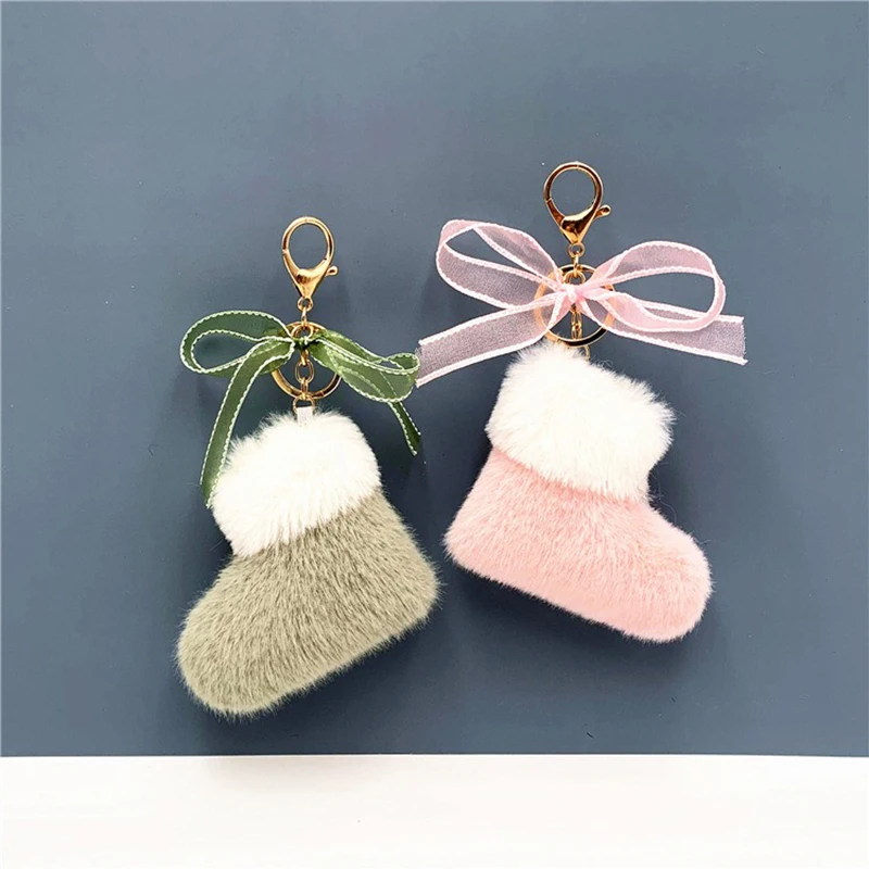 Random 1Pc Cute Plush Boot Shape Charm Car Keychain for Women Key Chain Bag Key Ring Pendant Female Keyring Gift Accessories