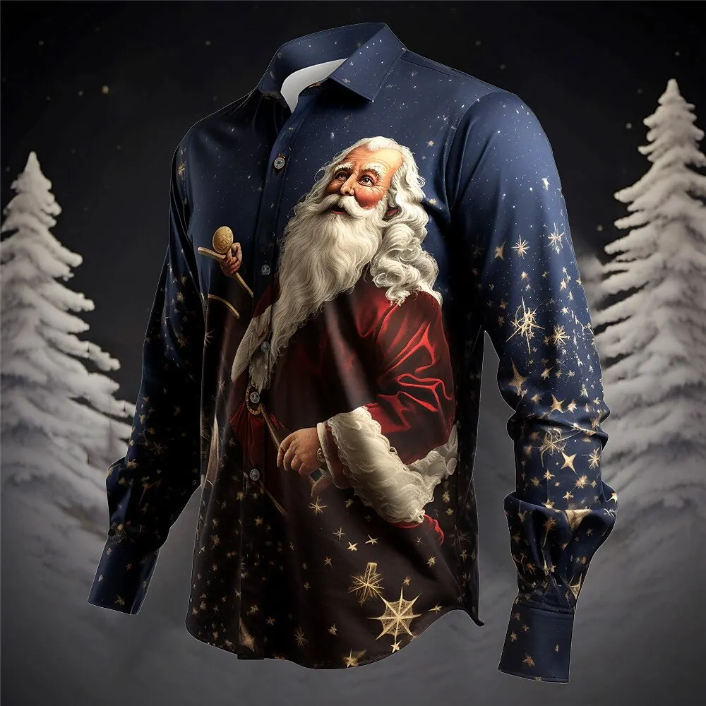 Fashion Casual Christmas Men's Shirt New Daily Santa Claus Autumn/Winter Fashion Collar Comfortable Long Sleeve 3D Printed