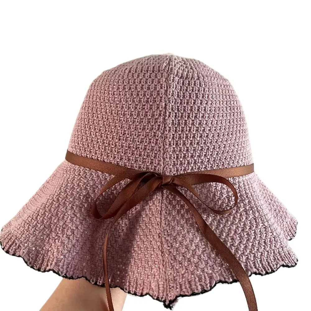 

Comfortable UV Protection Crochet Bucket Hat Foldable Hollow Women's Basin Cap Ribbon Bow Breathable Knit Fisherman Hat Hiking