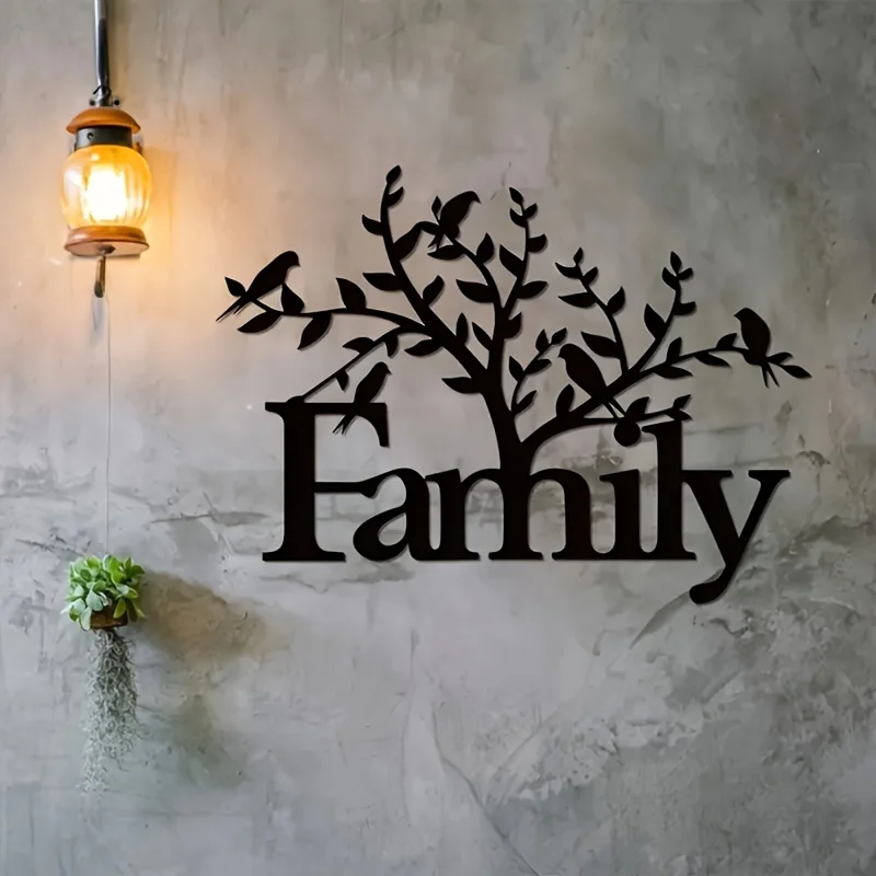 Modern Black Metal Family Letter Wall Decor Floral Cut Out Plaque Art Stylish Home Wall Hanging For Entryway Living Room