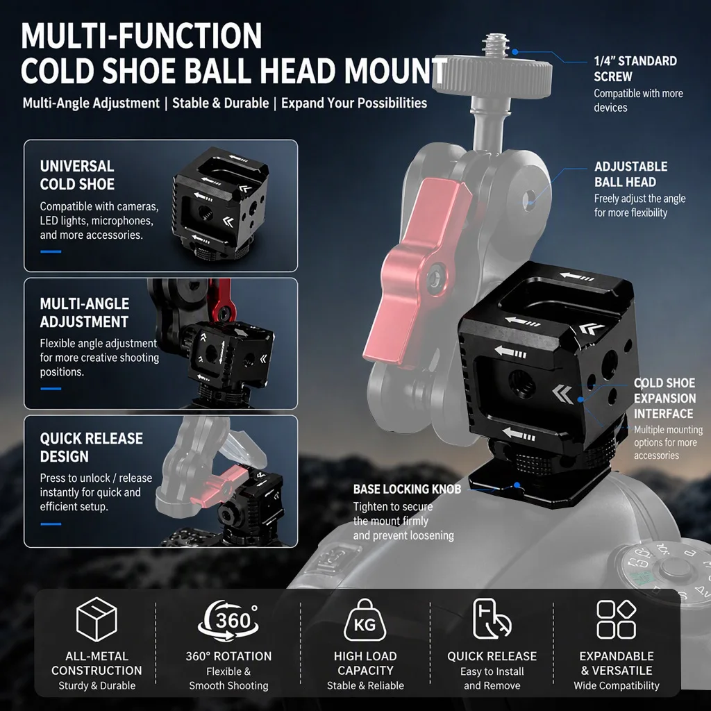 Triple Hot Shoe Mount Adapter Cold Shoe Extend Monitor Mount Mic Fill Light Bracket with 1/4
