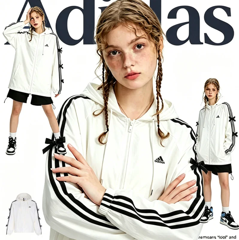 Adidas Womens Loose Fit Hooded Jacket Three Stripes Sequin Sports Logo Mesh Insert Sport Coat KR7602/KR7603