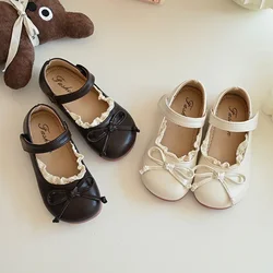 2024 Children Leather Shoes for Girls Autumn New Sweet Bowtie Fashion French Style Soft Bottom Elegant Lace Versatile Chic Shoes