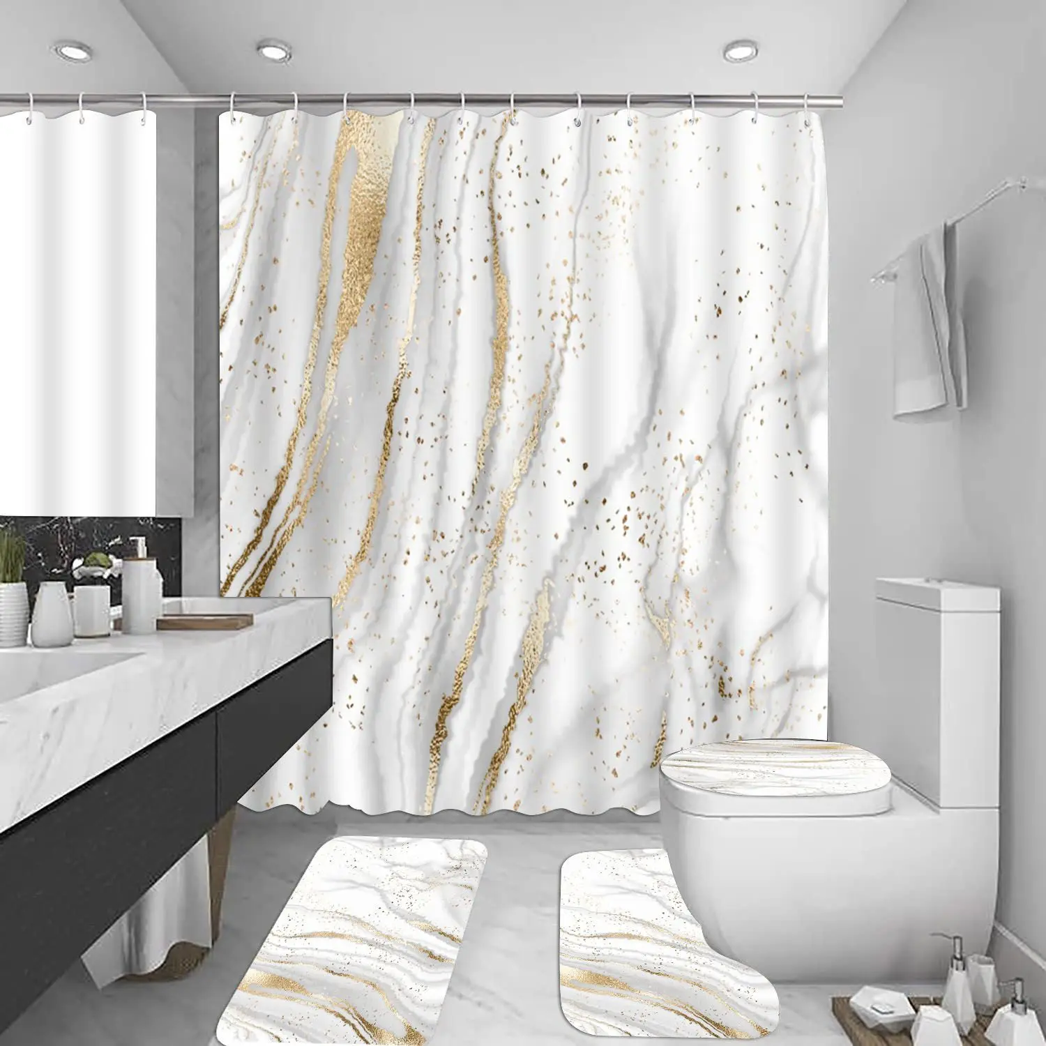 

Waterproof Bathroom Set with Shower Curtain and Rugs Polyester Marble Shower Curtain with Floor Mat Toilet Seat Cover