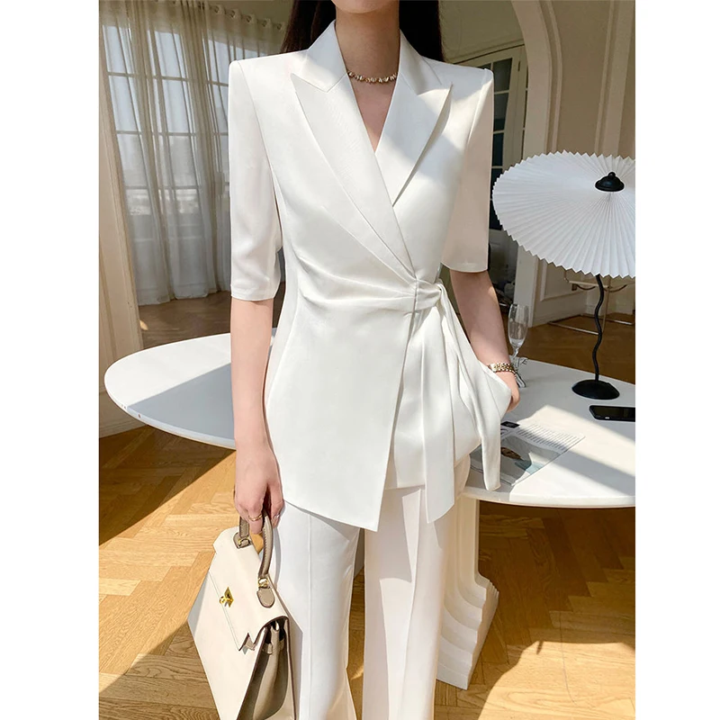 Summer Suit for Women Thin Office Wear 2024 Fashion Short Sleeve Lace-up Blazer Coat + High Waisted Pant Slim White Outfits