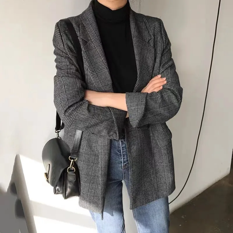 Lemongor Donna Elegante Plaid Doppio Petto Blazer Allentato Maniche Lunghe Casual Ufficio Lavoro Giacca Formale Capispalla 2026