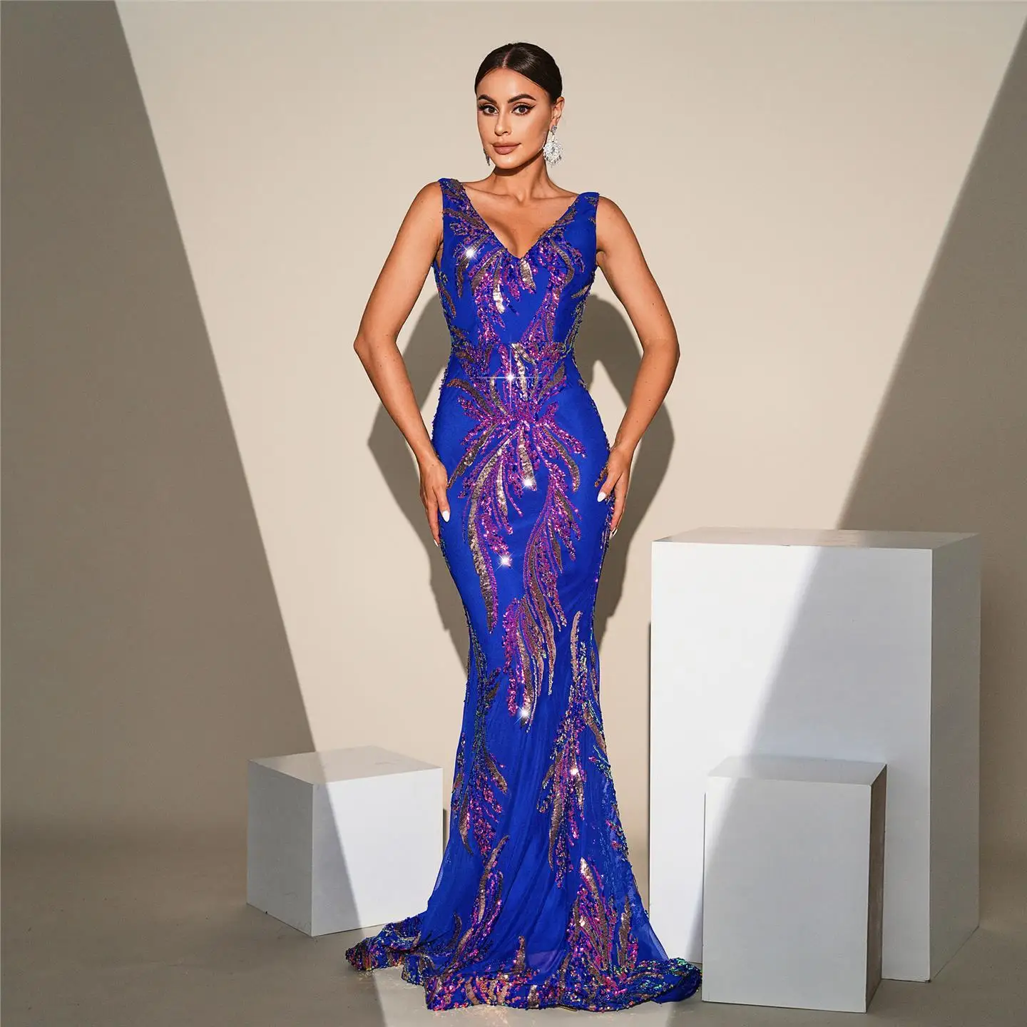 Lungo V-Ne Svel Fi Tail Evening Dr Sexy scintillante Prom Dr Maid of Dr Gonna avvolgente a vita alta da donna