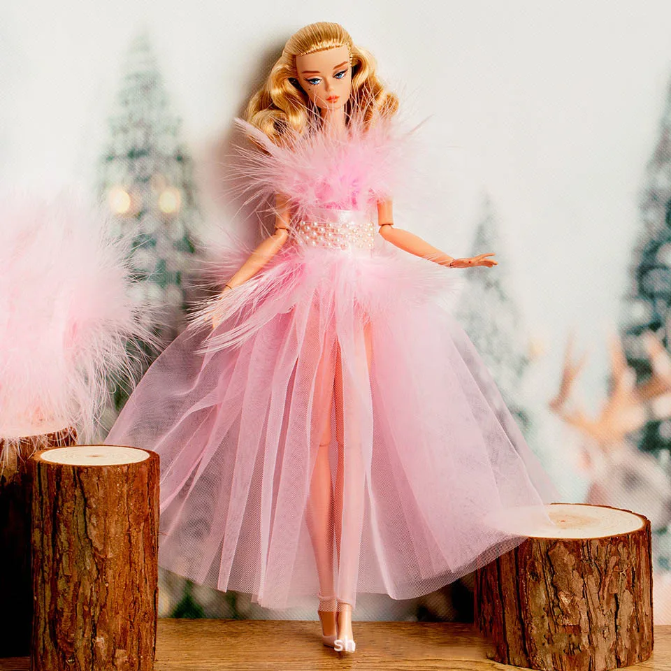 1/6 Supermodel Doll Clothes Set European Fashion Pink Feather Gown Dress Gauze Skirt Exquisite DIY Accessories Collector Gifts